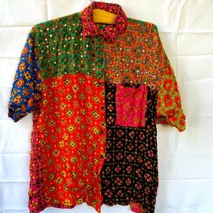 Color block fun print button up shirt- vintage